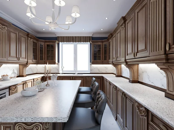 Luxury kitchen with tile floor, stained cabinets and marble counter top. 3d rendering