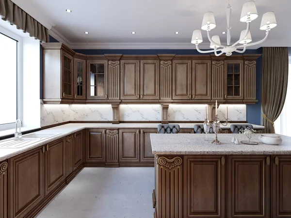 Luxusní Kuchyň Mramorovou Podlahu Obarvený Skříňky Mramorové Pult Vykreslování — Stock fotografie