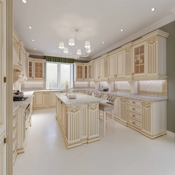 Kücheneinrichtung Und Esstisch Klassischen Stil Mit Beigen Möbeln Rendering — Stockfoto