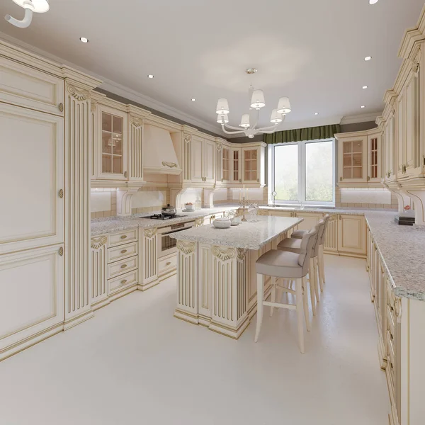 Cocina Interior Mesa Comedor Estilo Clásico Con Muebles Beige Renderizado — Foto de Stock