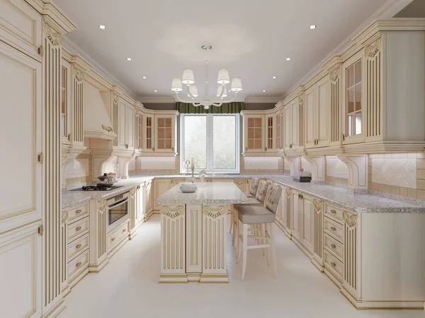 Finished project of classic kitchen with wooden details and marble floor, luxury light  interior design, 3d rendering