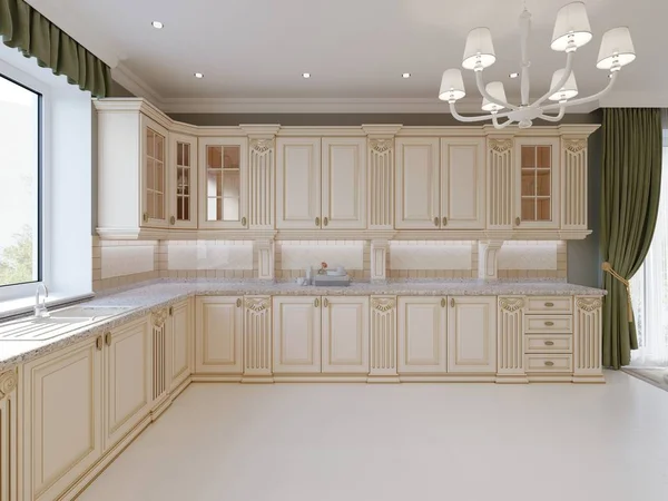 Finished project of classic kitchen with wooden details and marble floor, luxury light  interior design, 3d rendering