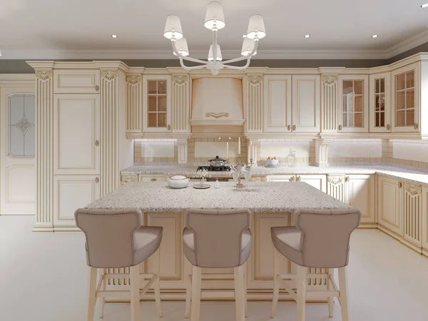 Kitchen island in a luxurious classic style kitchen. 3d rendering