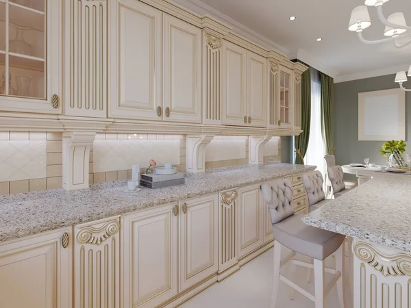 Classical wooden kitchen with wooden details, beige luxury interior design, 3d rendering