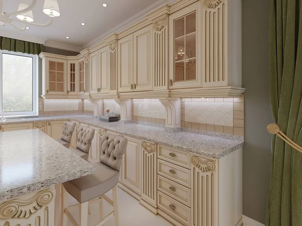 Cocina Clásica Madera Con Detalles Madera Diseño Interior Lujo Beige — Foto de Stock