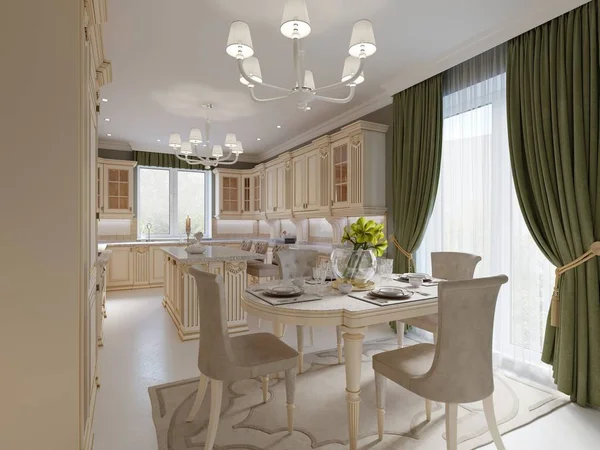 明亮的米色豪华餐厅 配有典雅的经典家具和橄榄墙和窗帘 — 图库照片