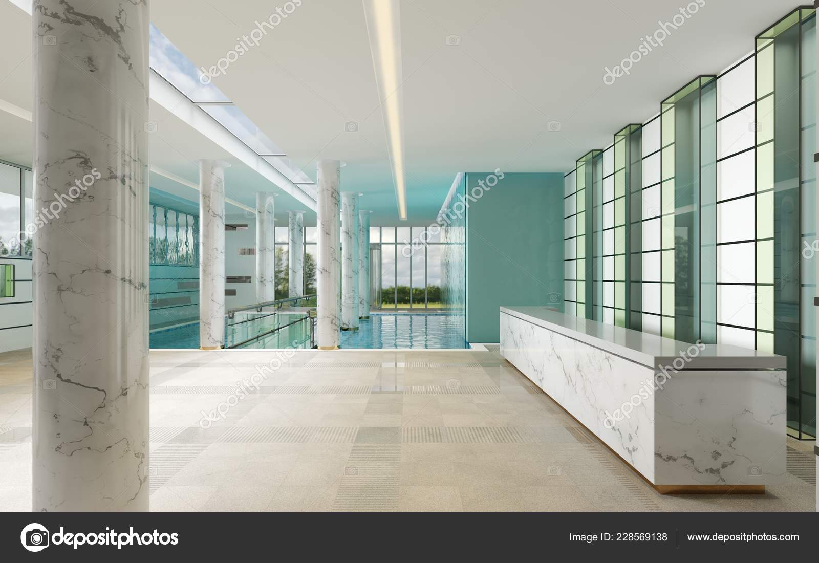 Marble Glass Reception Desk Spa Center Rendering Stock