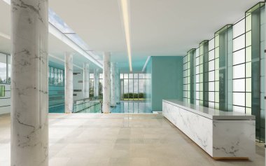 Spa merkezi mermer ve cam resepsiyon masası. 3D render