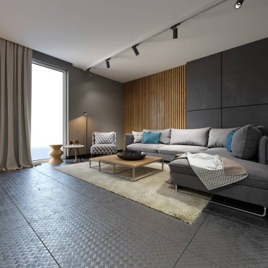 Düz çatı katı tarzında kanepeler ile minimalist çağdaş oturma odası. 3D render
