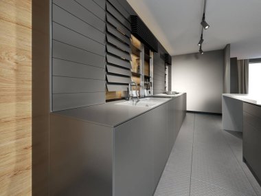 Loft tarzı şık koyu ahşap mutfak studio iç. 3D render