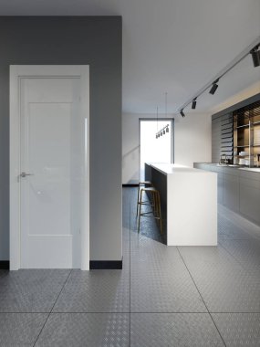 Mutfak erişimli modern koridor. 3D render