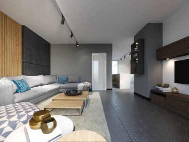 Şık salon çatı katı ahşap panel ve modern halı gri çatı iç tarzında. 3D render