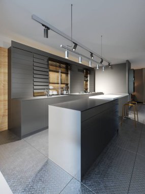 Siyah mobilya mutfak loft tarzı soğuk mutfak oturaklı. 3D render