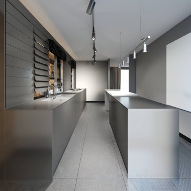 Yeni bir çatı koyu mobilyalar ile güzel mutfak. 3D render. 