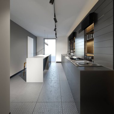 Yeni bir çatı koyu mobilyalar ile güzel mutfak. 3D render. 