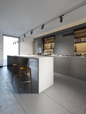 Siyah mobilya mutfak loft tarzı soğuk mutfak oturaklı. 3D render