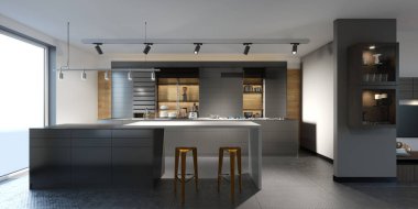Yeni bir çatı koyu mobilyalar ile güzel mutfak. 3D render. 