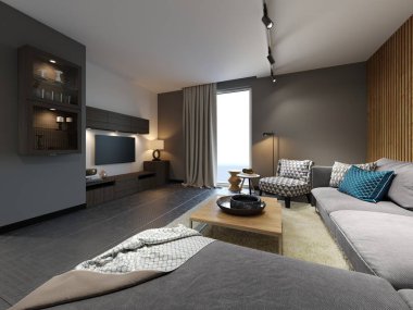 Çağdaş oturma odasında bir loft tarzı ile bir metal zemin ve Ahşap dekoratif duvar ve mobilya tasarımcısı. 3D render.