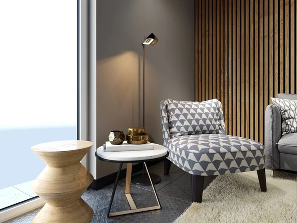 设计软扶手椅阁楼风格与两个创造性的侧桌装饰和落地灯 图案面料 — 图库照片