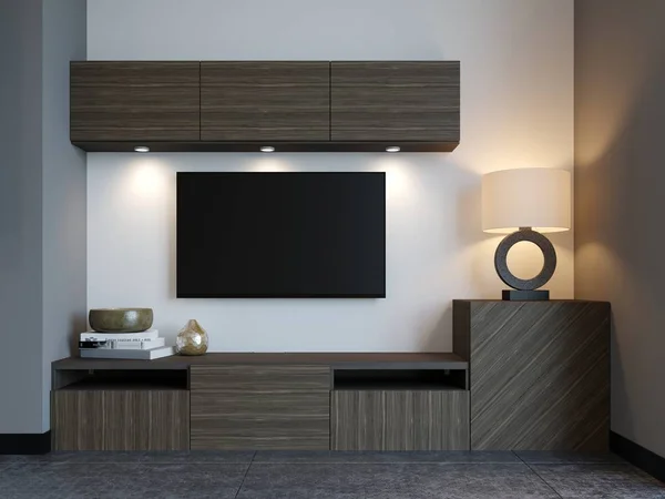 Modern TV stand with TV in loft apartment. 3D Rendering