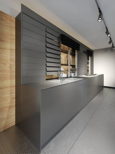 时尚的深色木制厨房一室公寓内部阁楼风格 — 图库照片
