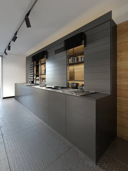 Κομψό Σκούρο Ξύλινο Κουζίνα Εσωτερικό Στούντιο Στιλ Σοφίτας Rendering — Φωτογραφία Αρχείου