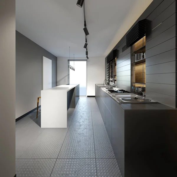 Mooie Keuken Met Donkere Meubels Van Een Nieuwe Loft Rendering — Stockfoto