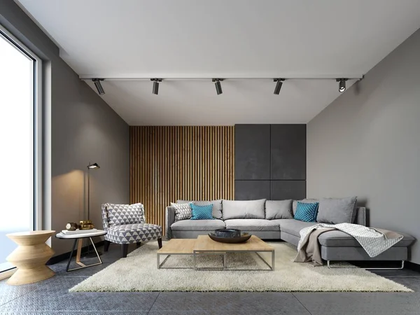 Modern Loft Interior Living Room Grey Sofa Colorful Pillows Metal — стоковое фото