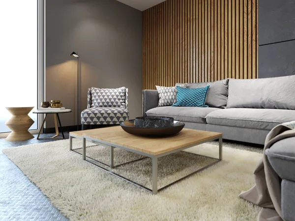 Modern loft interior of living room, grey sofa and colorful pillows on metal flooring and dark concrete wall and wood planks element . 3d rendering