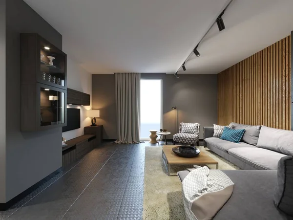 Stylish living room loft style in gray loft interior with wooden panel and modern rug. 3d rendering