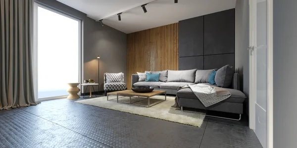 时尚的客厅阁楼风格在灰色的阁楼内部与木制面板和现代地毯 — 图库照片
