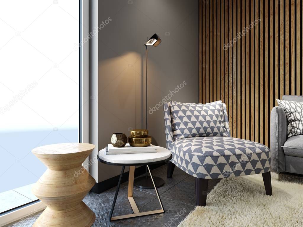 Designer soft armchair in loft style with two creative side tables with decor and floor lamp, patterned fabric. 3d rendering.
