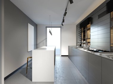 Modern tasarım mutfak bir çatı katı tarzında koyu renklerde. 3D render