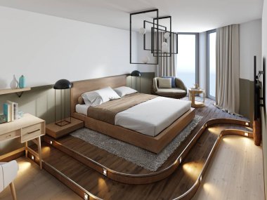 Ahşap çatı tarzı ahşap podyum stand yatak için yatak odası. Eko Tasarım parlak ve rotang masa sandalye ve mutfak ile minimalist düzenidir. 3D render.