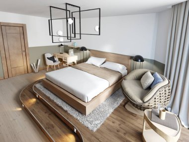 Ahşap çatı tarzı ahşap podyum stand yatak için yatak odası. Eko Tasarım parlak ve rotang masa sandalye ve mutfak ile minimalist düzenidir. 3D render.