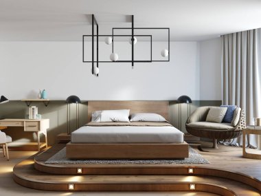 Stil yatak odası iç tasarım rattan koltuk ile ve resepsiyon tasarımcı avize ile çatı. 3D render.