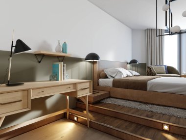çalışma tablosu günlük ev iç yatak odası çatı katı tarzında. 3D render.