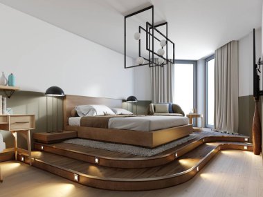 Modern rustik yatak odası tasarımı ve bir çatı katı tarzında noktalı aydınlatma ile ahşap bir podyum üzerinde bir yatak. Hasır tasarımcı sandalye ve masa. 3D render.