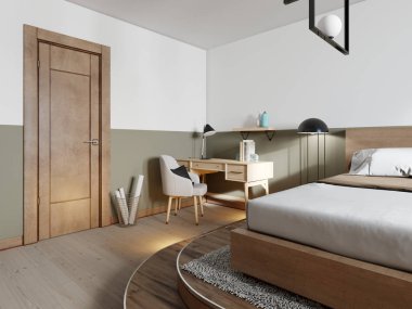 çalışma tablosu günlük ev iç yatak odası çatı katı tarzında. 3D render.