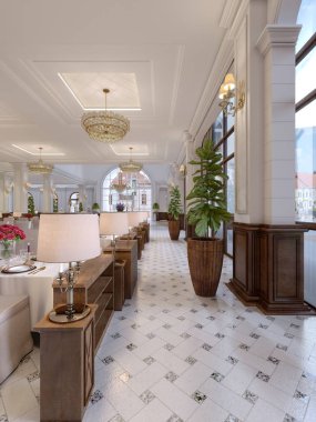Modern restoran iç, bir otel parçası. 3D render
