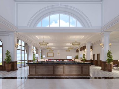 Güzel ahşap Klasik tarzı geniş lobi merkezi resepsiyonda. 3D render