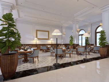 Lüks Otel iç ahşap mobilya ve mozaik bar yere döşenir. 3D render.