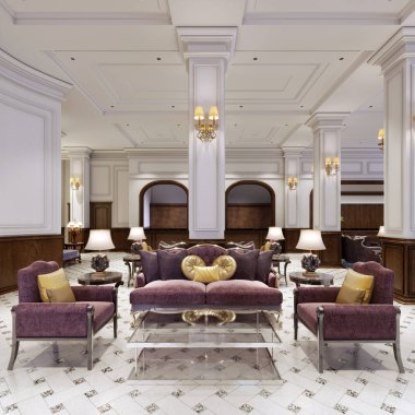 Art deco tarzında, yumuşak mor kanepe ve koltuklar ile siyah metal bacakları ve klasik bir iç cam sehpa lüks klasik mobilya. 3D render.