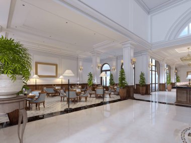 Lüks Otel iç ahşap mobilya ve mozaik bar yere döşenir. 3D render.