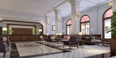 Ahşap ön büro ile salon ve koridor alanı. 3D render