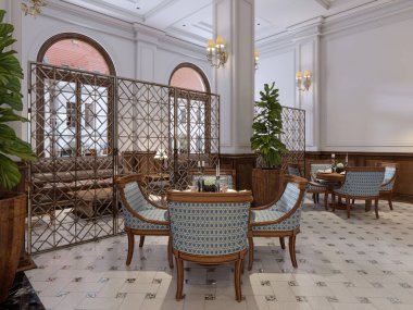 Masa ve sandalye beş yıldızlı bir otel klasik iç lüks çubuk. 3D render.