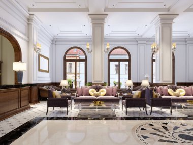Art deco tarzında, yumuşak mor kanepe ve koltuklar ile siyah metal bacakları ve klasik bir iç cam sehpa lüks klasik mobilya. 3D render.