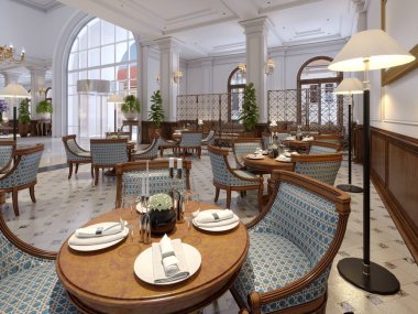 Otel binası tablolarda yuvarlak hizmet çubuk. 3D render.
