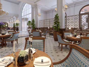 Otel binası tablolarda yuvarlak hizmet çubuk. 3D render.