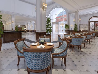 Masa ve sandalye beş yıldızlı bir otel klasik iç lüks çubuk. 3D render.